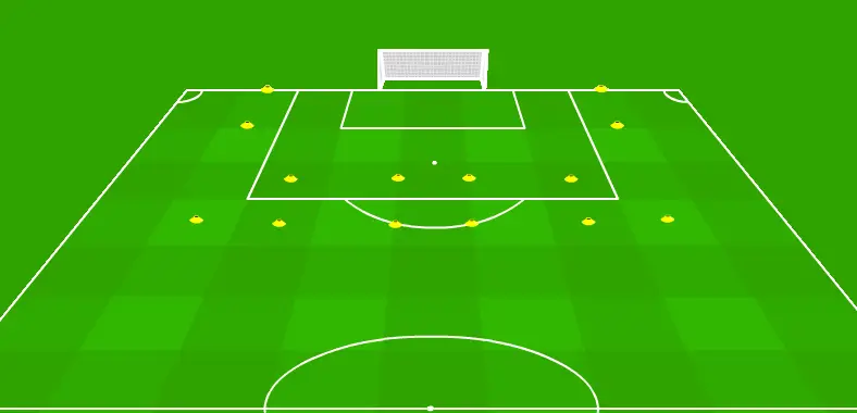 Preparación del ejercicio de centros con seis estaciones iniciales en media cancha de fútbol